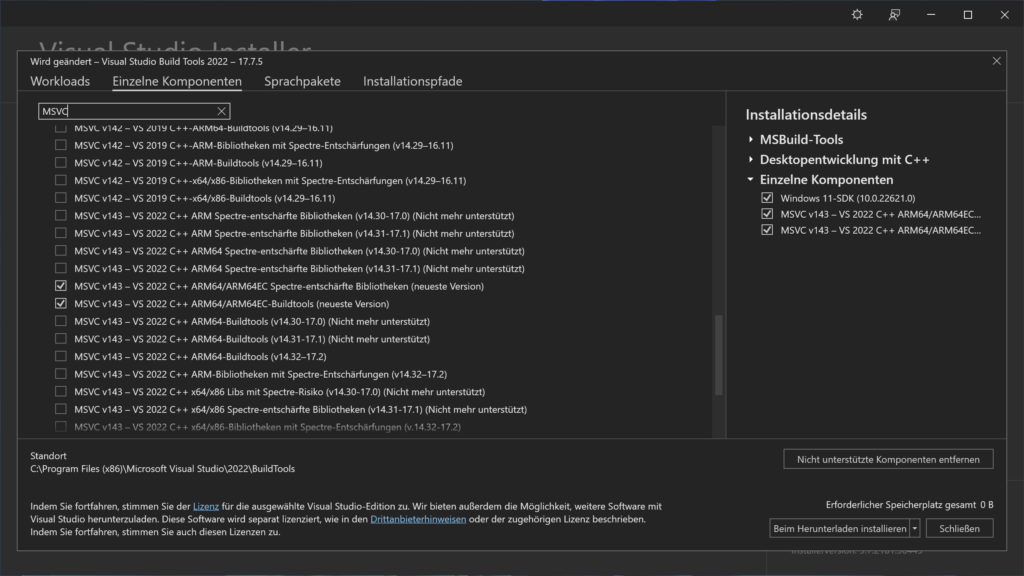 Visual Studio installer individual components